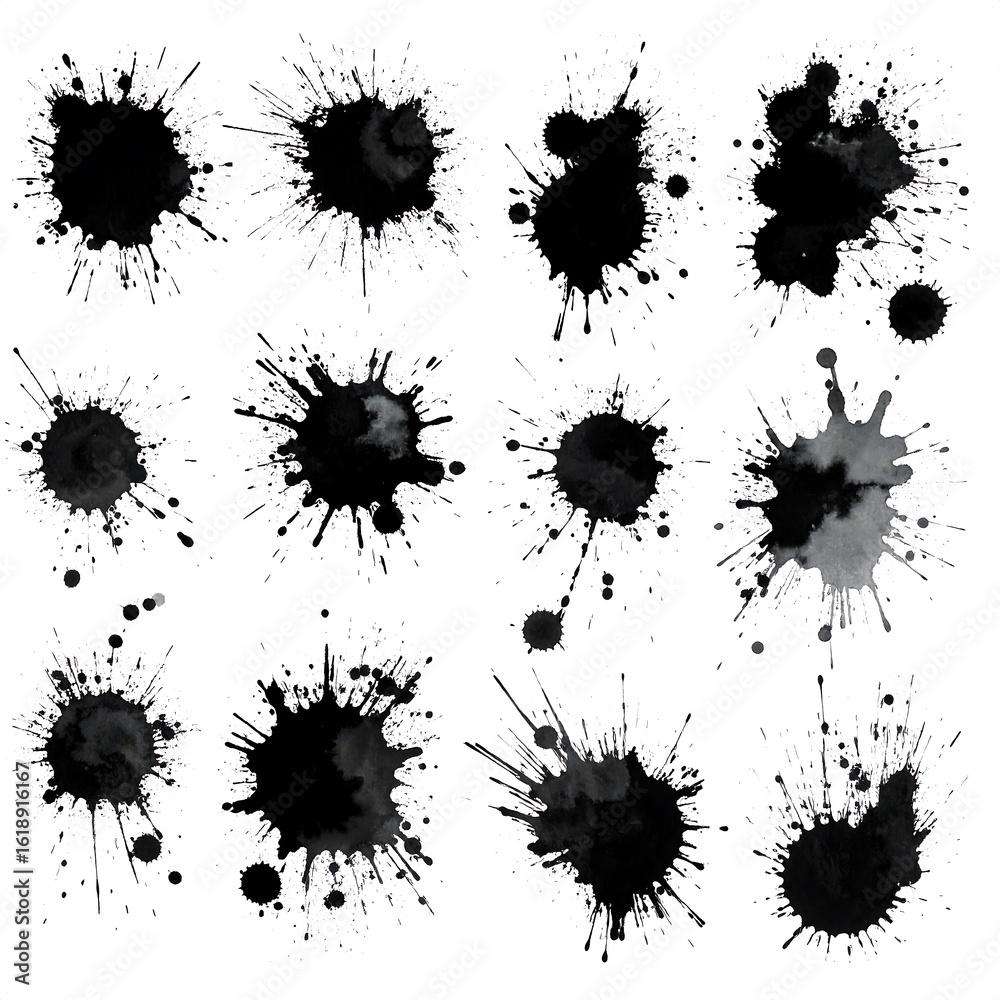 Ink splatter patterns on white background Ink splatter patterns on white background