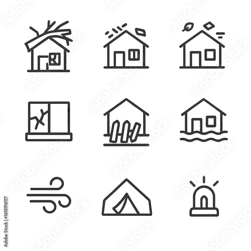 Hurricane Destruction Icons. Outline icon set of hurricane-destroyed structures: uprooted tree on roof, broken shingles, flying