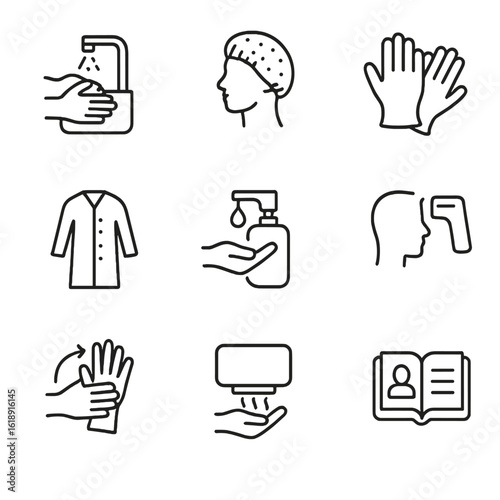 Hygiene Protocol Icons. Outline icon set of personal hygiene protocols: handwashing station, hairnet, gloves, protective clothing,