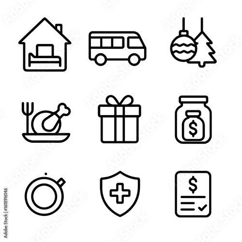 Holiday Budget Icons. Outline icon set of holiday budget categories: accommodation, transportation, gifts, decorations, food,