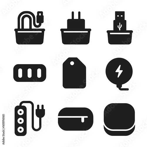 Electronics Organization Icons. Solid, filled icons set of storing electronics and chargers in designated