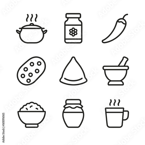 Indian Spice Icons. Outline icon set of Indian spice blends and dishes: curry pot, spice jar, chili pepper, naan bread, samosa,