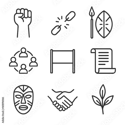 Indigenous Resistance Icons. Outline icon set of indigenous resistance and resilience: raised fist, broken chain, shield and spear