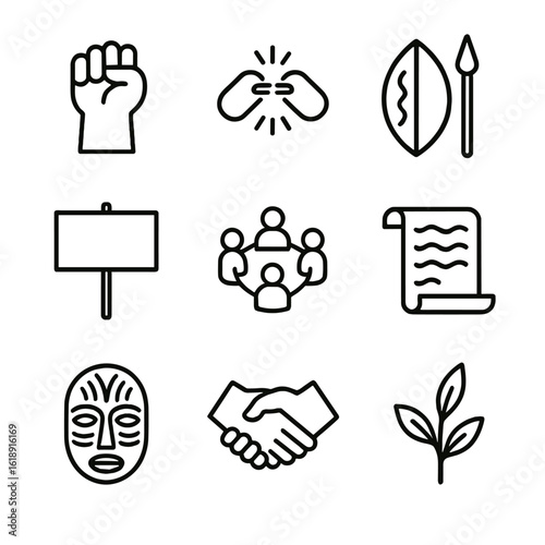 Indigenous Resistance Icons. Outline icon set of indigenous resistance and resilience: raised fist, broken chain, shield and spear