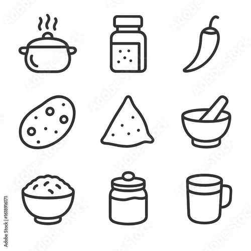 Indian Spice Icons. Outline icon set of Indian spice blends and dishes: curry pot, spice jar, chili pepper, naan bread, samosa,