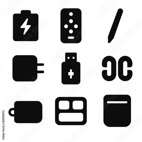 Electronics Organization Icons. Solid, filled icons set of organizing small electronics: battery pack, remote