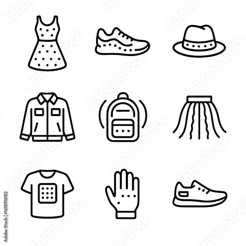 Interactive LED Garments Icons. Outline icon set of interactive LED garments: LED dress, color-changing sneakers, illuminated hat,