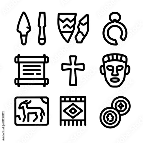 Cultural Heritage Icons. Solid, filled icon set of remains in cultural heritage: ancient tools, pottery shards, jewelry fragments,
