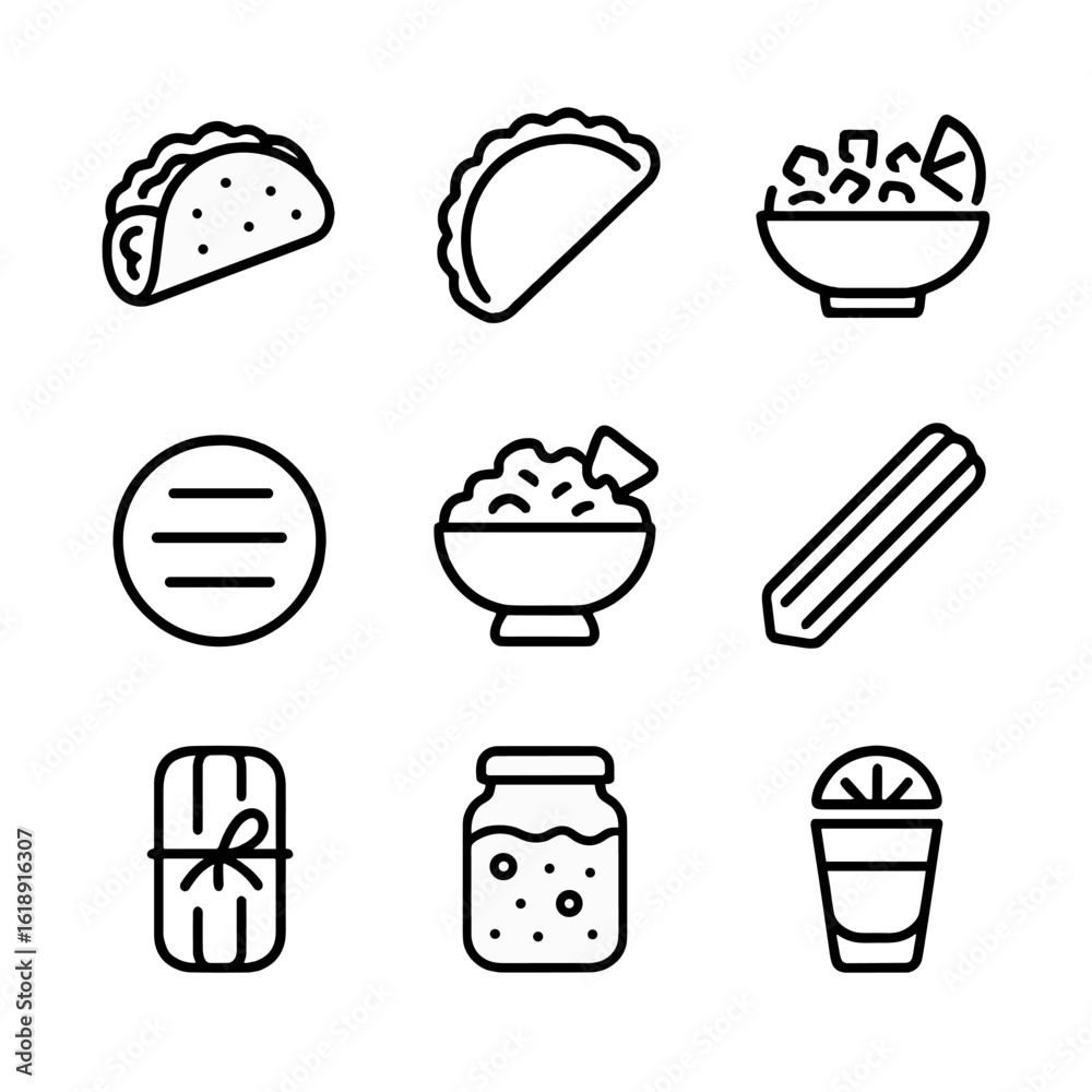 Fototapeta premium Latin Icon Grid. Outline icon set of Latin American specialties: taco, empanada, ceviche, arepa, guacamole bowl, churro, tamale,