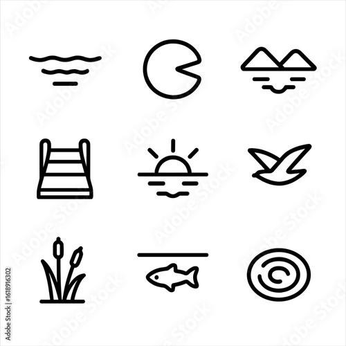 Lake Environment Icons. Outline icon set of lake environment elements: calm lake surface, lily pad, distant mountains reflection,