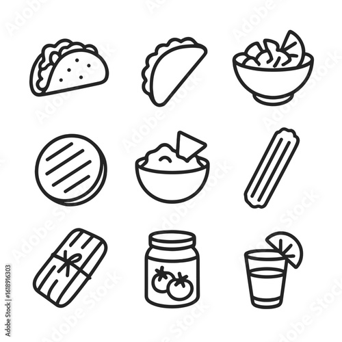 Latin Icon Grid. Outline icon set of Latin American specialties: taco, empanada, ceviche, arepa, guacamole bowl, churro, tamale,
