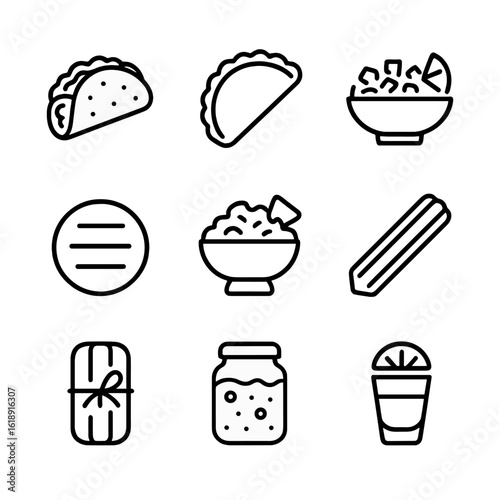 Latin Icon Grid. Outline icon set of Latin American specialties: taco, empanada, ceviche, arepa, guacamole bowl, churro, tamale,