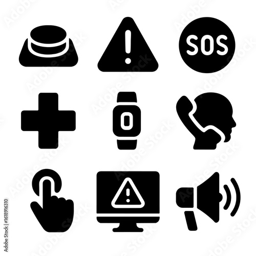 Emergency Icons Grid. Solid, filled icons set of emergency and panic systems: panic button, alert icon, SOS