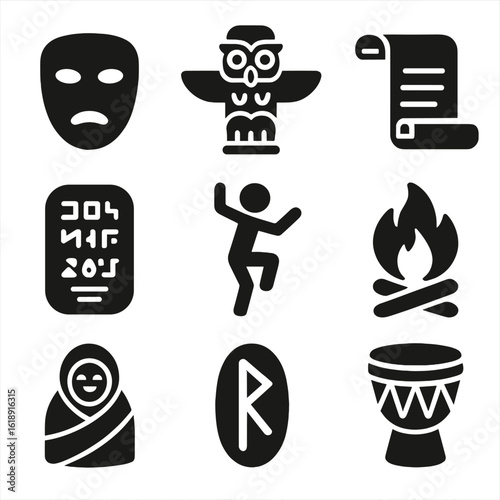 Cultural Storytelling Icons. Solid, filled icons set of cultural storytelling symbols: mask, totem, scroll,