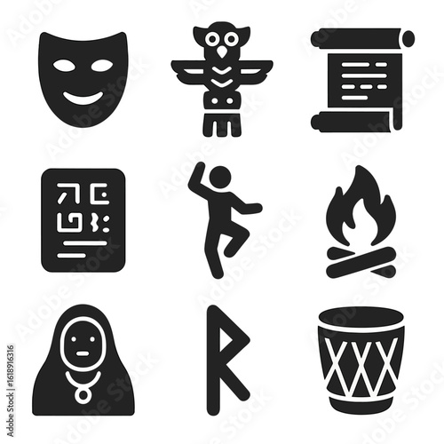 Cultural Storytelling Icons. Solid, filled icons set of cultural storytelling symbols: mask, totem, scroll,