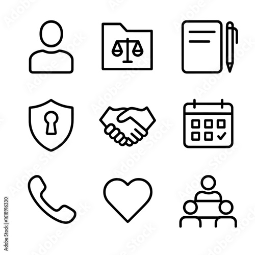 Legal Consultation Icons. Outline icon set of public defender client consultation: client silhouette, case file folder, notepad