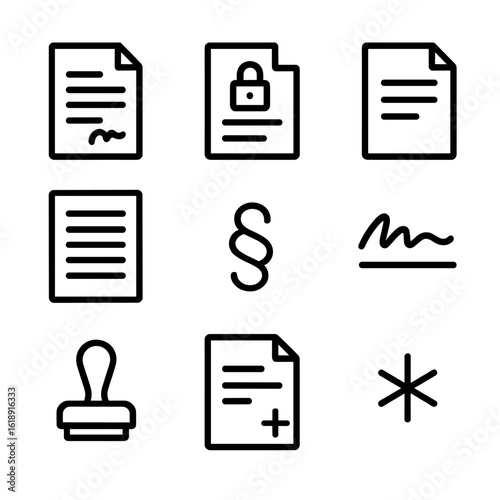 Legal Document Icons. Outline icon set of legal document types: contract sheet, nondisclosure agreement, memorandum page,
