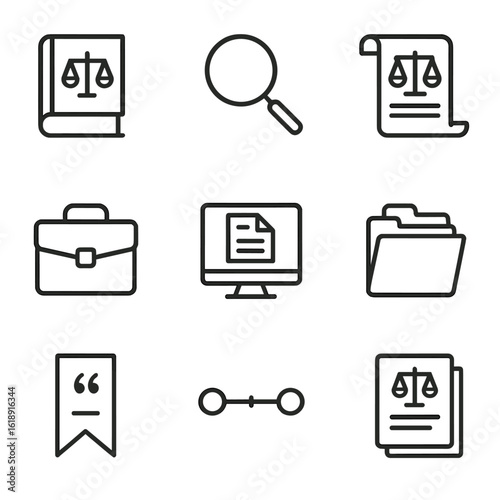Legal Research Icons. Outline icon set of legal research and case preparation: law book, magnifying glass, statute scroll,