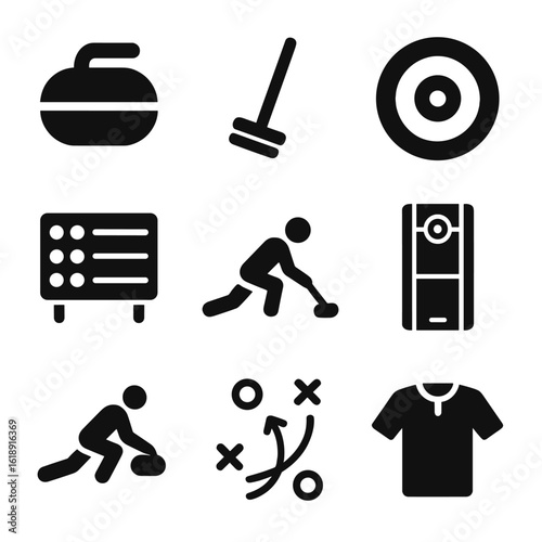 Curling Icons Grid. Solid, filled icons set of curling: curling stone, broom brush, house rings, scoreboard