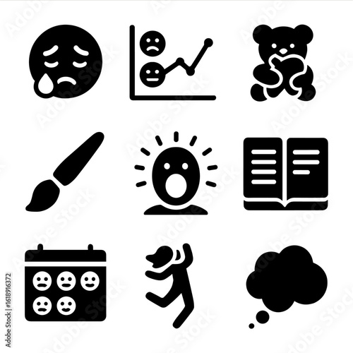 Emotional Expression Icons. Solid, filled icons set of emotional expression and processing: crying face,