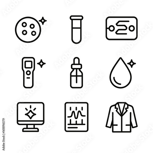 Luminescent Diagnostic Icons. Outline icon set of luminescent medical diagnostics: bioluminescent assay, test tube, microfluidic