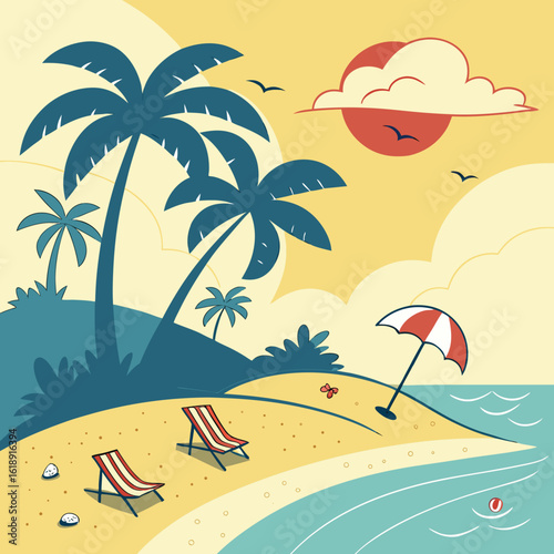 Tropical Paradise Beach Scene with Palm Trees, Chairs, and Umbrella Summer vacation bliss in a retro style design