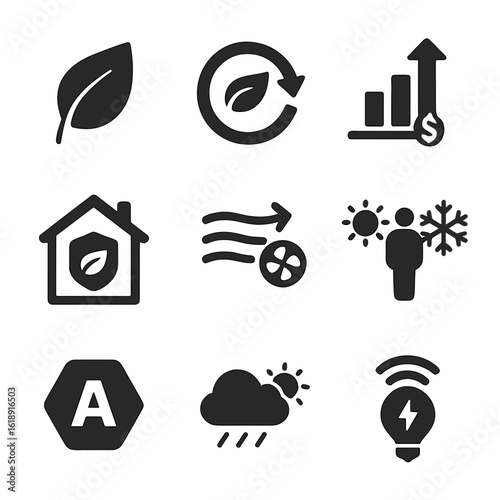 Energy Efficiency Icons. Solid, filled icons set of energy efficiency and climate control: leaf icon, green