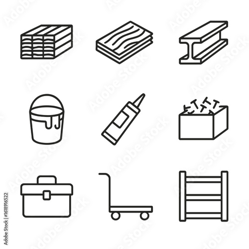 Material Handling Icons. Outline icon set of material handling: lumber stack, plywood sheet, metal beam, paint bucket, adhesive
