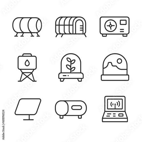 Mars Habitat Icon Set. Outline icon set of human habitat on Mars: inflatable module, airlock tunnel, life support unit, water