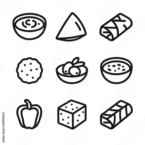 Mediterranean Mezze Icons. Outline icon set of Mediterranean mezze appetizers: hummus bowl, pita triangle, stuffed grape leaf,