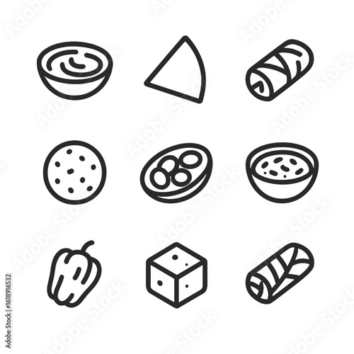 Mediterranean Mezze Icons. Outline icon set of Mediterranean mezze appetizers: hummus bowl, pita triangle, stuffed grape leaf,