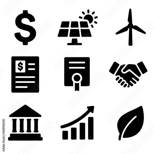Energy Incentives Icons. Solid, filled icons set of energy incentives: dollar sign, solar panel, wind turbine,