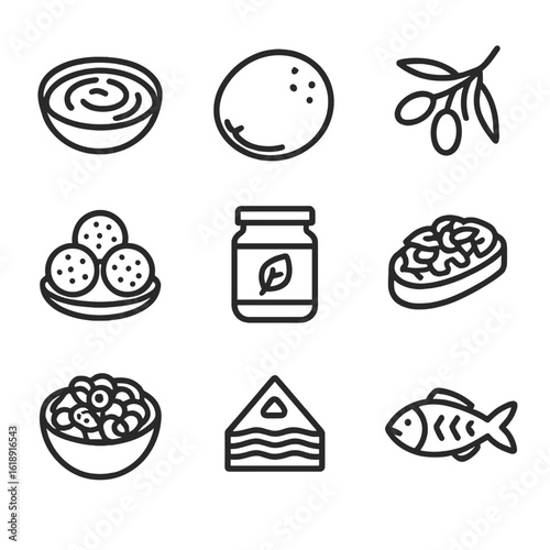Mediterranean Dish Icons. Outline icon set of Mediterranean dishes: hummus, pita bread, olive branch, falafel, pesto jar,