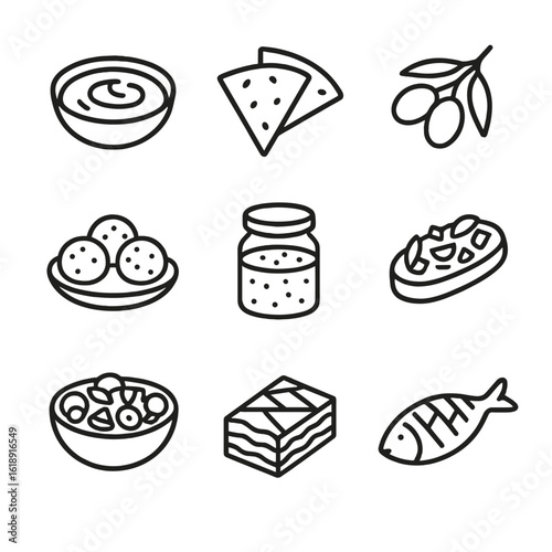 Mediterranean Dish Icons. Outline icon set of Mediterranean dishes: hummus, pita bread, olive branch, falafel, pesto jar,