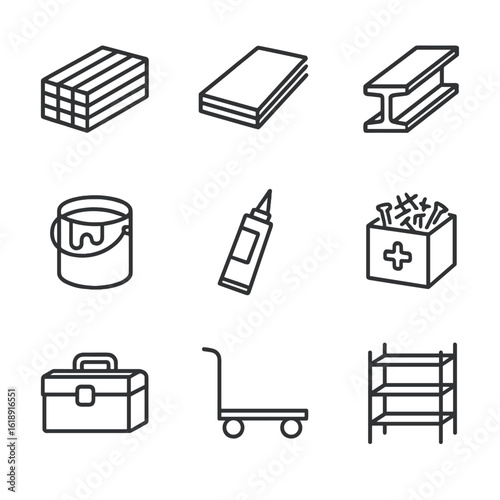 Material Handling Icons. Outline icon set of material handling: lumber stack, plywood sheet, metal beam, paint bucket, adhesive