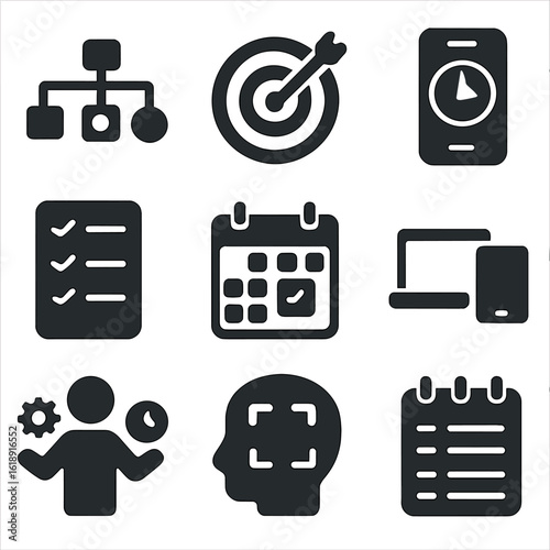 Entrepreneur Productivity Icons. Solid, filled icons set of entrepreneur productivity tools: project timeline,