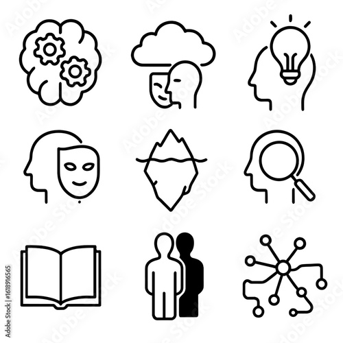 Mind Icon Set. Outline icon set of conscious versus subconscious: brain with gears, dream cloud, light bulb over head, hidden mask
