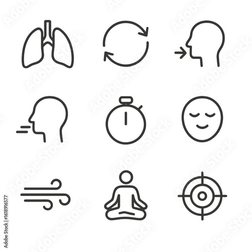 Mindful Breathing Icons. Outline icon set of mindful breathing exercises: lungs silhouette, breath cycle arrows, inhalation symbol