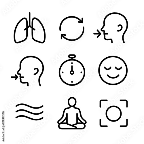 Mindful Breathing Icons. Outline icon set of mindful breathing exercises: lungs silhouette, breath cycle arrows, inhalation symbol