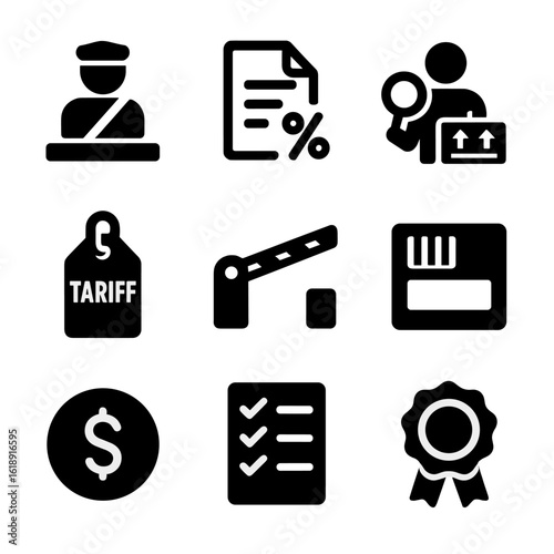 Customs Icons Set. Solid, filled icon set of tariff and customs: customs officer, tax document, cargo inspection, tariff tag,