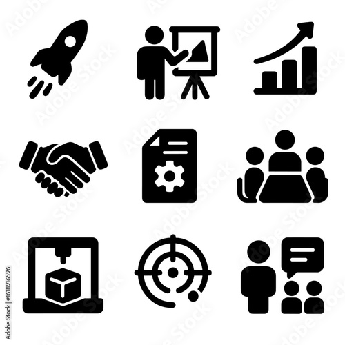 Entrepreneurship Icons Grid. Solid, filled icons set of entrepreneurship and business development: startup