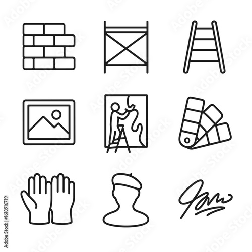 Mural Design Icons. Outline icon set of mural design elements: brick wall, scaffolding, ladder, sketch outline, large-scale