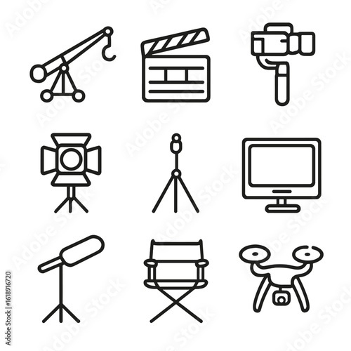 Music Video Gear Icons. Outline icon set of music video production gear: camera crane, clapperboard, gimbal stabilizer, lighting