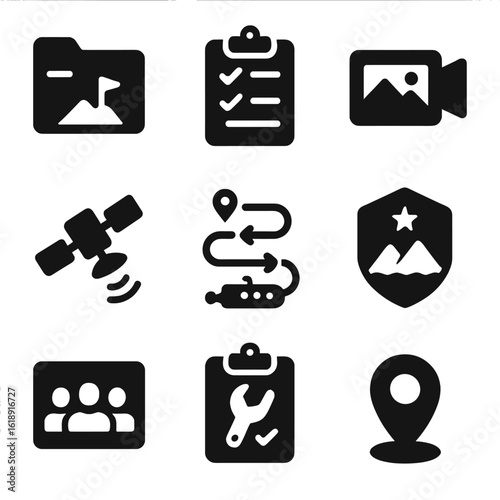 Exploration Icons Grid. Solid, filled icons set of exploration missions: mission folder, task checklist,