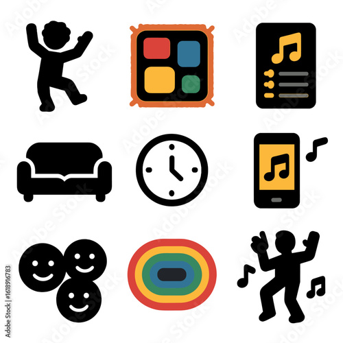 Family Dance Icons. Solid, filled icons set of family dance time: child dancing, parent clapping, living room