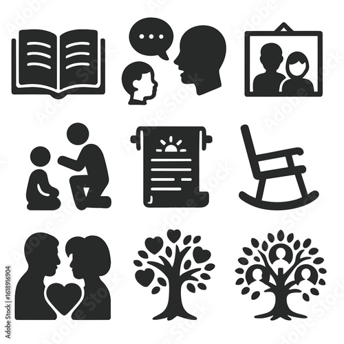 Family Wisdom Icons. Solid, filled icons set of parents sharing their life stories and wisdom with their