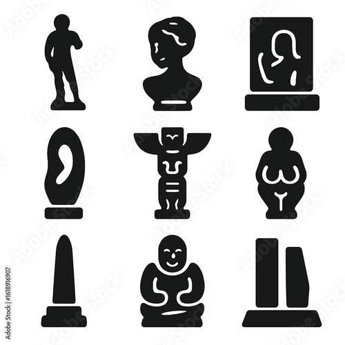 Famous Sculptures Icons. Solid, filled icons set of famous sculptures: statue, bust, relief, abstract form,