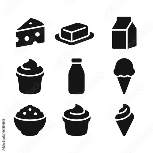 Dairy Products Icons. Solid, filled icon set of dairy products: cheese, butter, milk, yogurt, cream, ice cream, cottage cheese,
