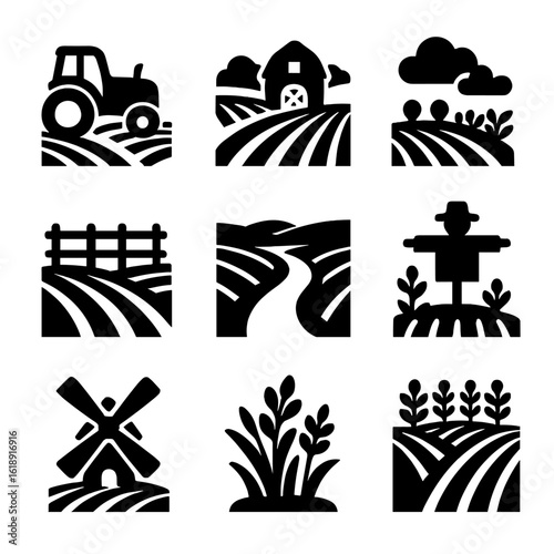 Farm Icons Set. Solid, filled icons set of farm landscape and planting scenery: tractor in field, distant barn