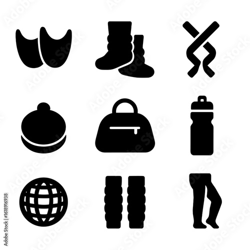 Dance Accessories Icons. Solid, filled icon set of dance accessories: toe pads, foot warmers, shoe polish, ribbons, dance bag,